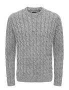 Onskicker Life Reg 3 Cable Crew Knit Tops Knitwear Round Necks Grey ON...