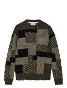 Aksune Patchwork Knit Tops Knitwear Round Necks Khaki Green Anerkjendt