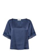Rwsatina Ss Lace Boatneck Blouse Tops Blouses Short-sleeved Navy Rosem...