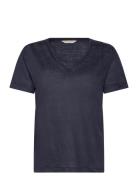 Reg Linen V-Neck Ss T-Shirt Tops T-shirts & Tops Short-sleeved Navy GA...