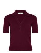Fine-Knit Sweater With Shirt Collar Tops Shirts Short-sleeved Burgundy...